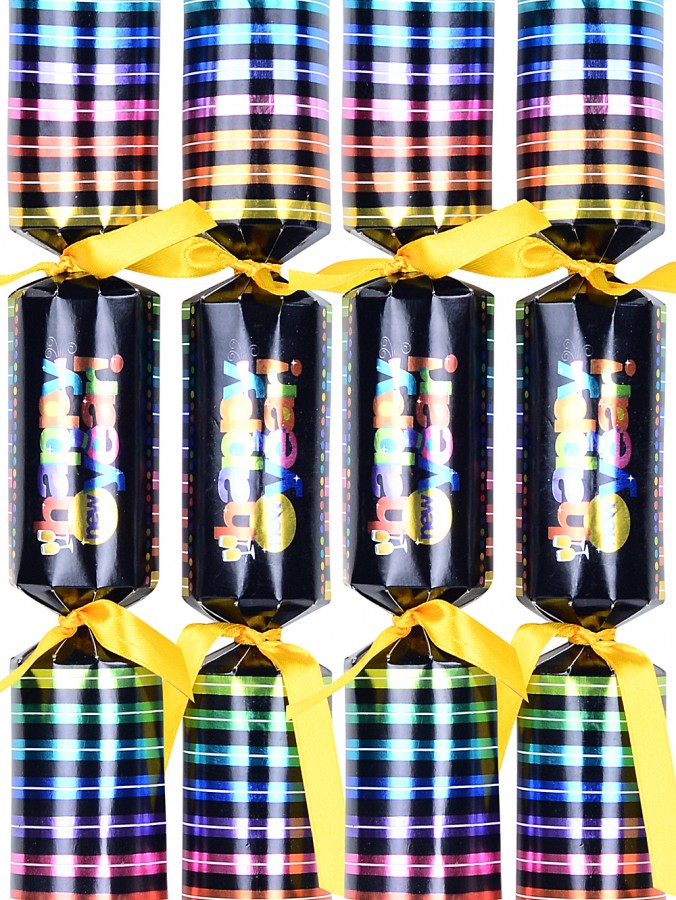 Happy New Year Funky Metallic Neon Rainbow On Black Cracker Bon Bons - 8 x 30cm