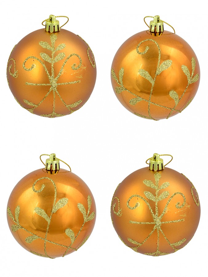 Shiny & Matt Copper Baubles With Gold Glittered Pattern - 6 x 80mm