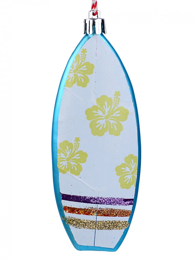 12cm Flower Print Teal Surfboard With Glitter Stripes Christmas Tree Ornament