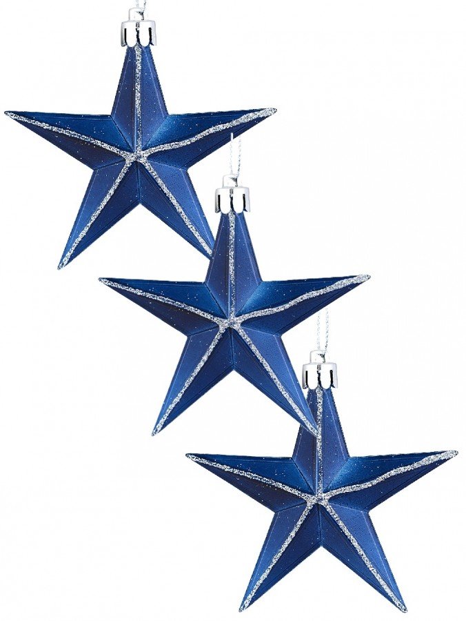 3x 90mm Midnight Blue Christmas Star Baubles With Silver Glitter