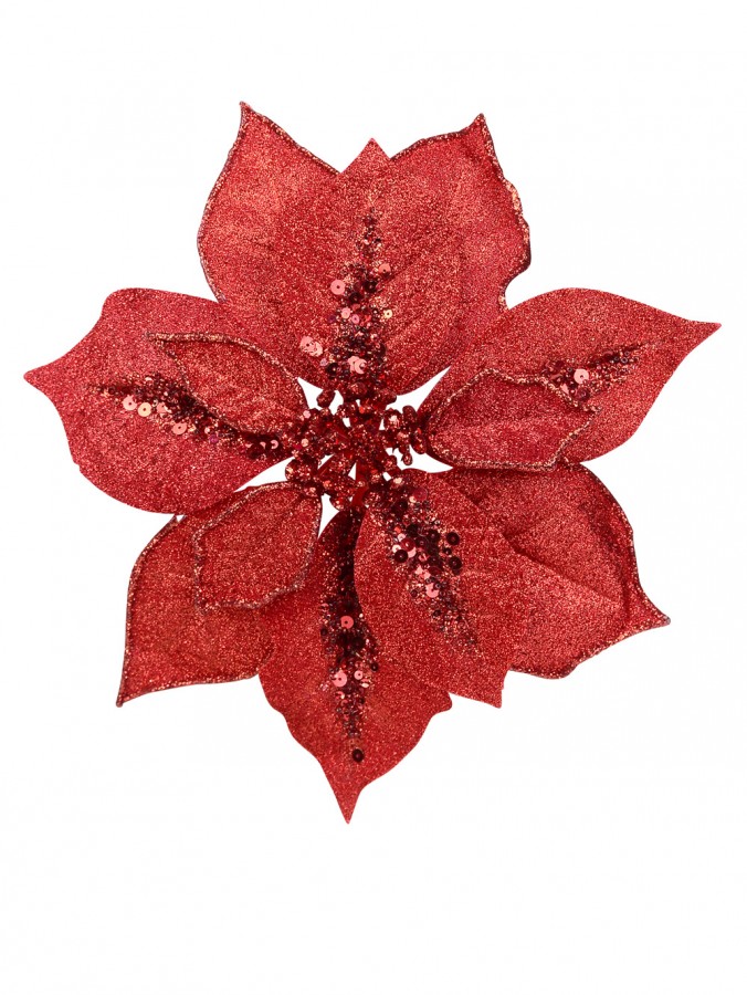Red Glitter With Sequins Decorative Poinsettia Floral Pick - 28cm