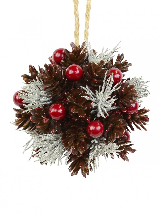 Natural Look Pine Cone Bunch With Twigs & Berries Hanging Ornament - 10cm