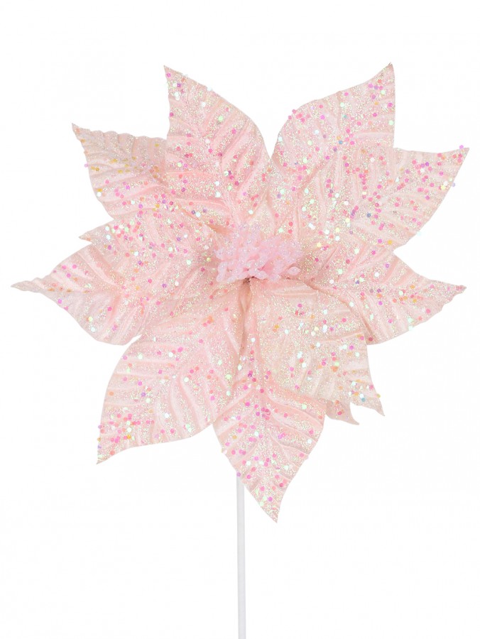 Pink Poinsettia With Iridescent Glitter Christmas Fairy Floss Flower Stem - 55cm