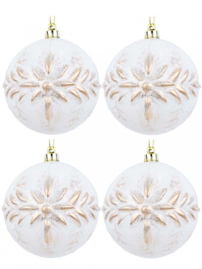 White Baubles With Gold Centrepiece & Vine Textured Pattern - 4 x 80mm