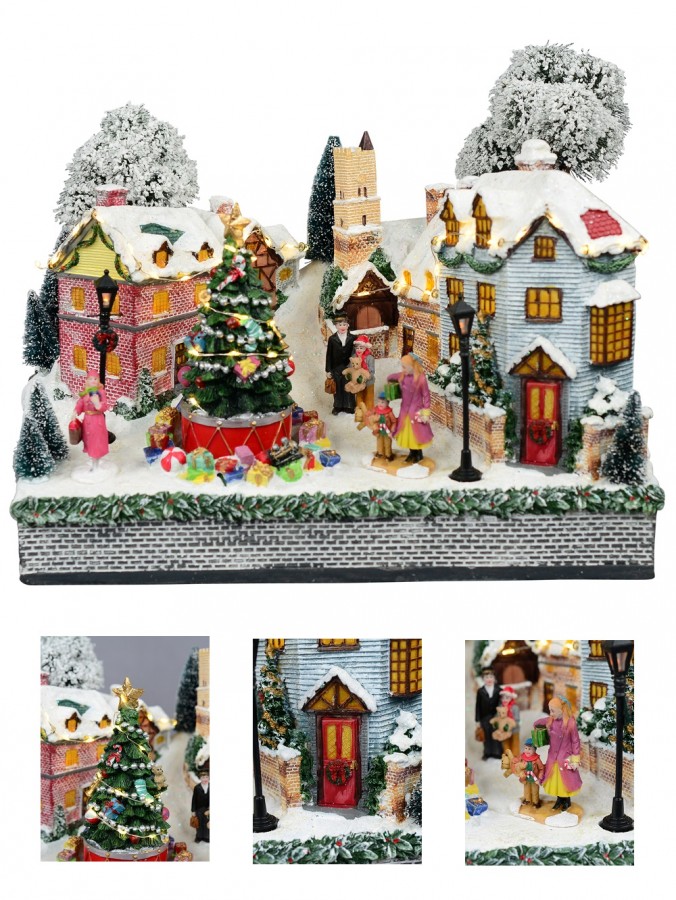 Winter Town Christmas Village Scene With LED Lights & Rotating Tree - 36cm
