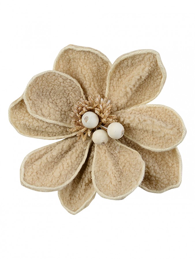 22cm Cream Natural Wool Magnolia Flower Christmas Tree Clip Pick