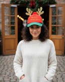 Red & Green With Gold Merry Christmas Reindeer Antler Cap