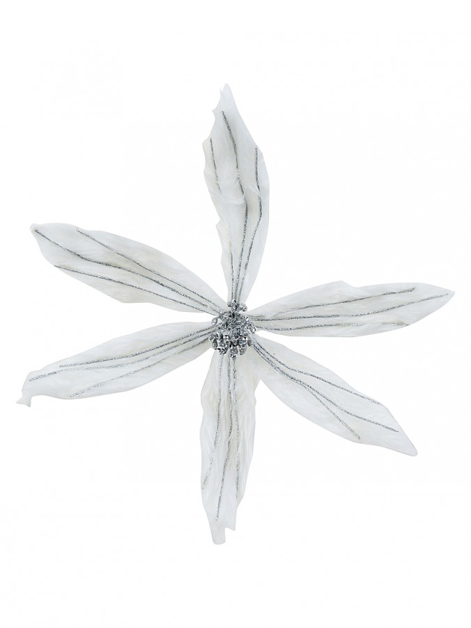 40cm White Faux Fur With Silver Glitter Poinsettia Christmas Tree Clip Pick