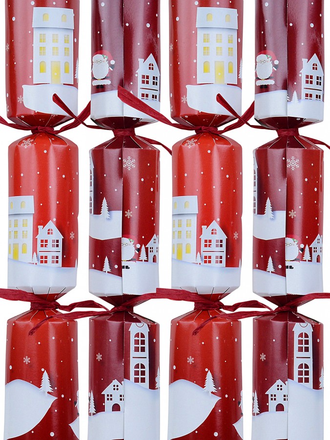 Town Scene With Santa Pattern On Red Christmas Cracker Bon Bons - 50 x 30cm 