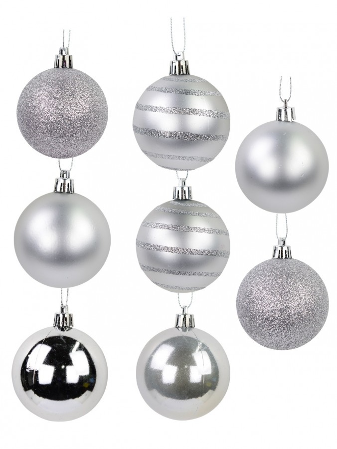 Gloss, Matte, Pearl, Glittered & Striped Silver Baubles - 64 x 60mm