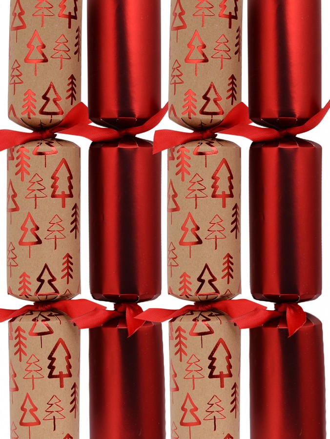 Christmas Trees Pattern On Kraft Paper Look & Solid Red Bon Bons - 8 x 36cm
