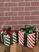 Red, Green & White Stripe Mesh 3D Gift Boxes With Warm White Lights - 30cm