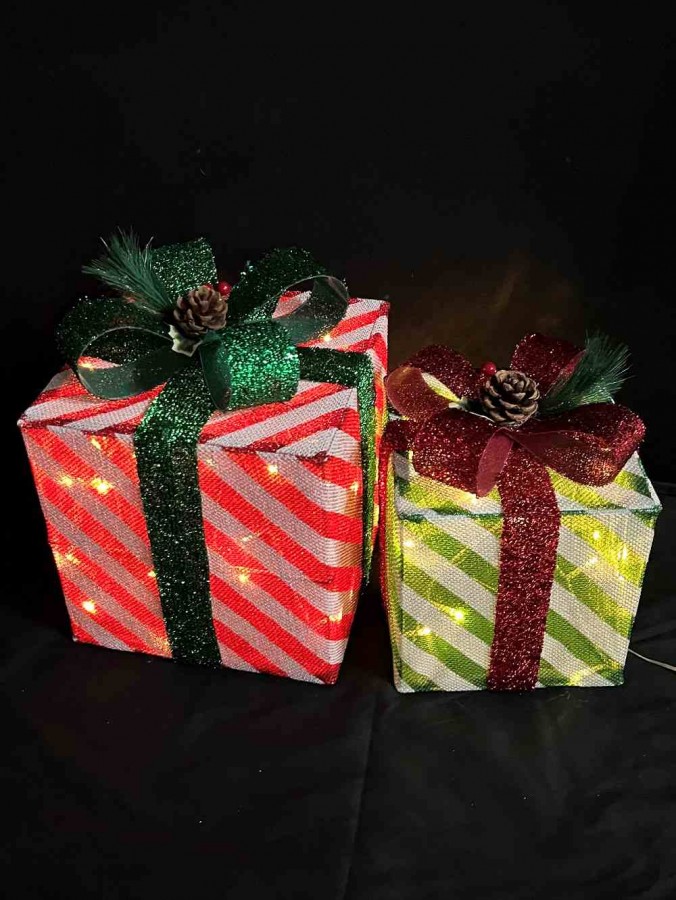 Red, Green & White Stripe Mesh 3D Gift Boxes With Warm White Lights - 30cm
