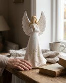 26cm Elegant Ivory Blessing Angel With Embossed Silver Snowflakes Figurine