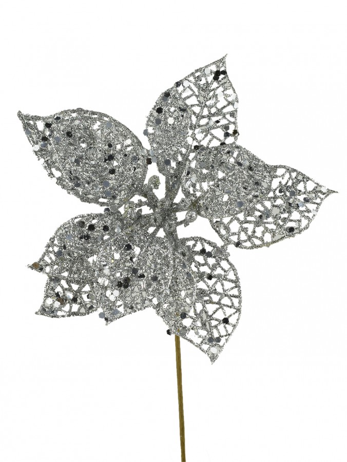 Silver Filigree Decorative Poinsettia Decorative Christmas Floral Pick - 17cm