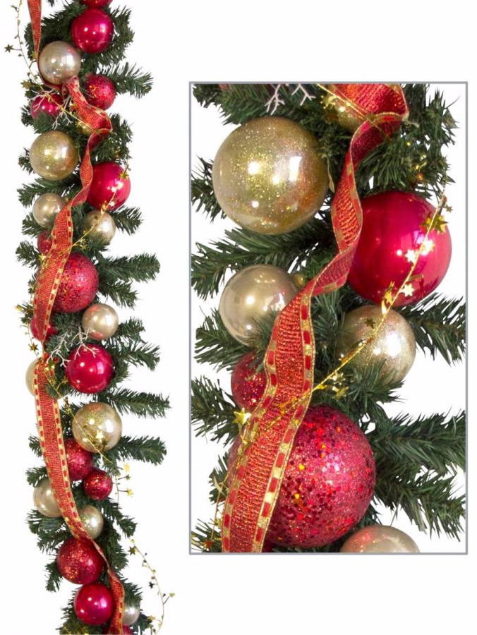 Pre-Decorated Red & Gold Bauble & Pine Garland - 2.7m