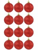 Red Metallic Sequins & Glitter Coated Christmas Baubles - 12 x 60mm