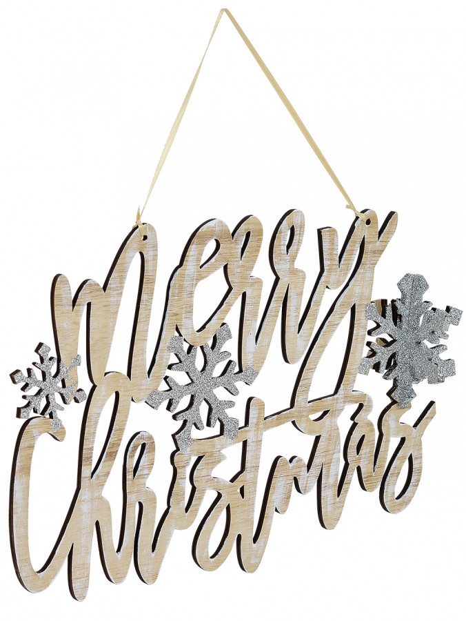 Natural Wood Hanging Merry Christmas with Silver Glittered Snowflakes - 35cm