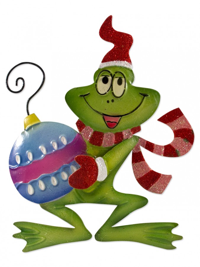 Frog Holding Large Bauble Hanging Tin Ornament - 15cm