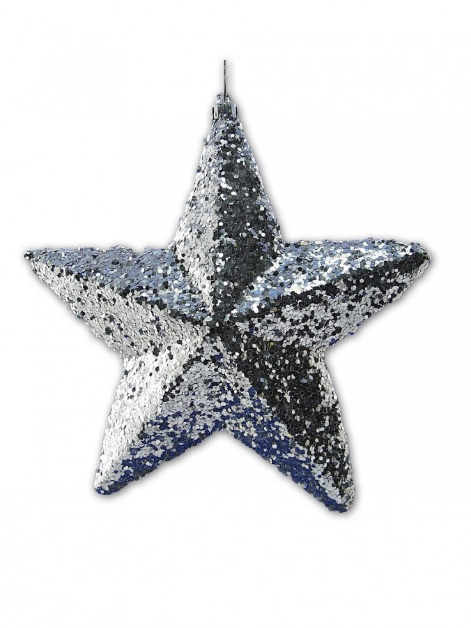  Silver Glittered 3D Star Decorations - 18cm
