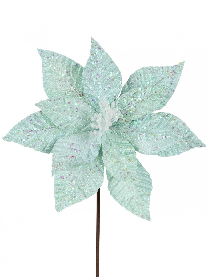 Turquoise Poinsettia & Iridescent Christmas Fairy Floss Long Stem - 28cm Wide