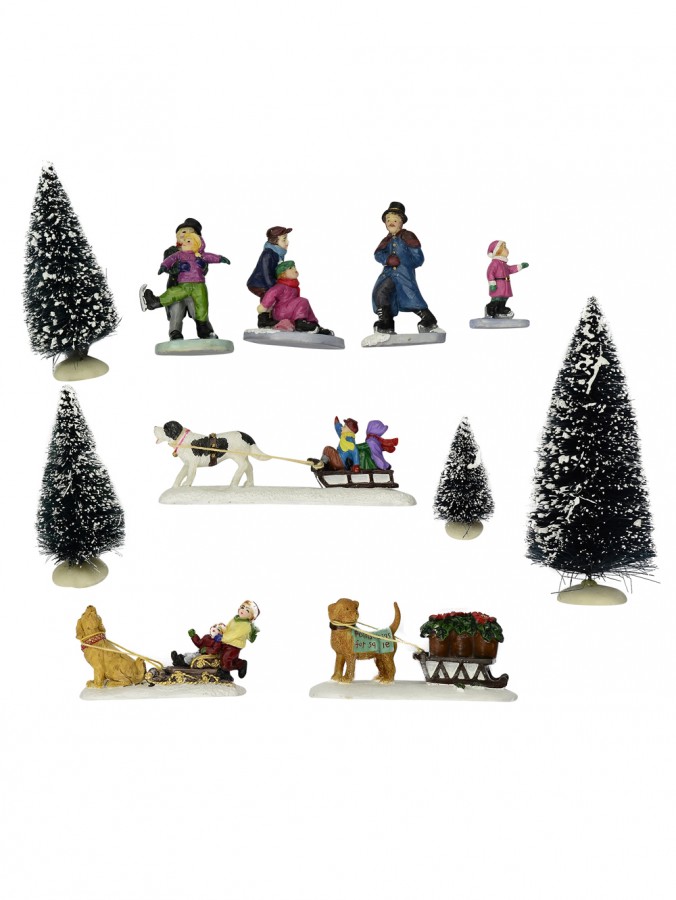 Traditional Skaters, Dog Sleds & Trees Figurine Scene - 11 pieces
