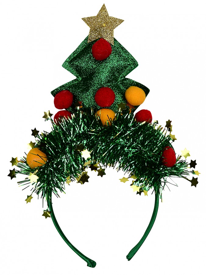 Green Christmas Tree Headband With Tinsel, Balls & Star - One Size Fits Most