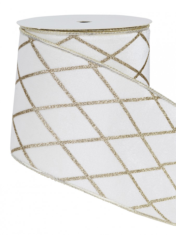 10m Champagne Glitter Diamond Pattern On White Velvet Wide Cut Ribbon
