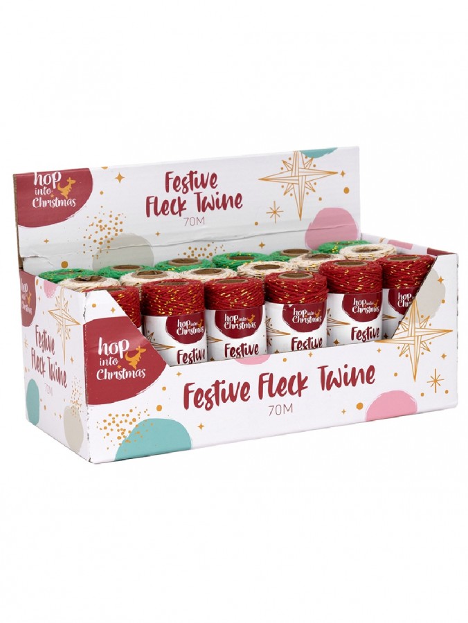 Assorted 70m Red, Green Or White Twine Rope With Gold Tinsel Flecks 
