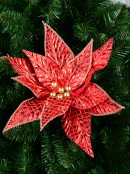 36cm Shiny Red Grid Pattern & Gold Beads Poinsettia Christmas Tree Clip Pick