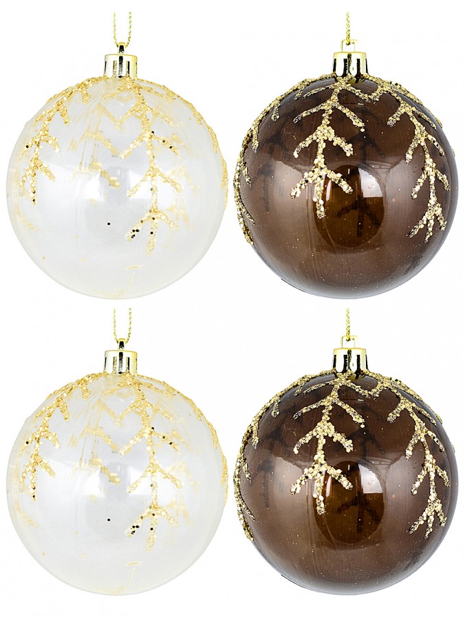 4x 80mm Brown & Clear Christmas Baubles Decorated With Glitter Snowflake
