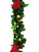 Red Poinsettia, Mistletoe, Foliage & Baubles Decorated Pine Garland - 2.3m