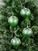 4x Sage Green Frosted Snowflake Grid Whimsical Signature Baubles | 80mm