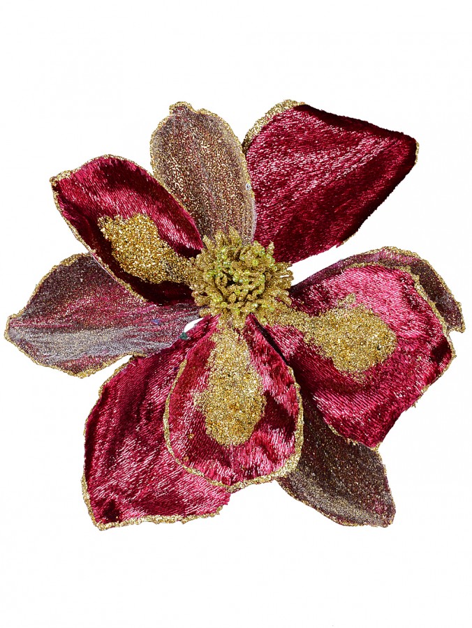 Burgundy With Gold Glitter Magnolia Decorative Christmas Flower Pick - 22cm