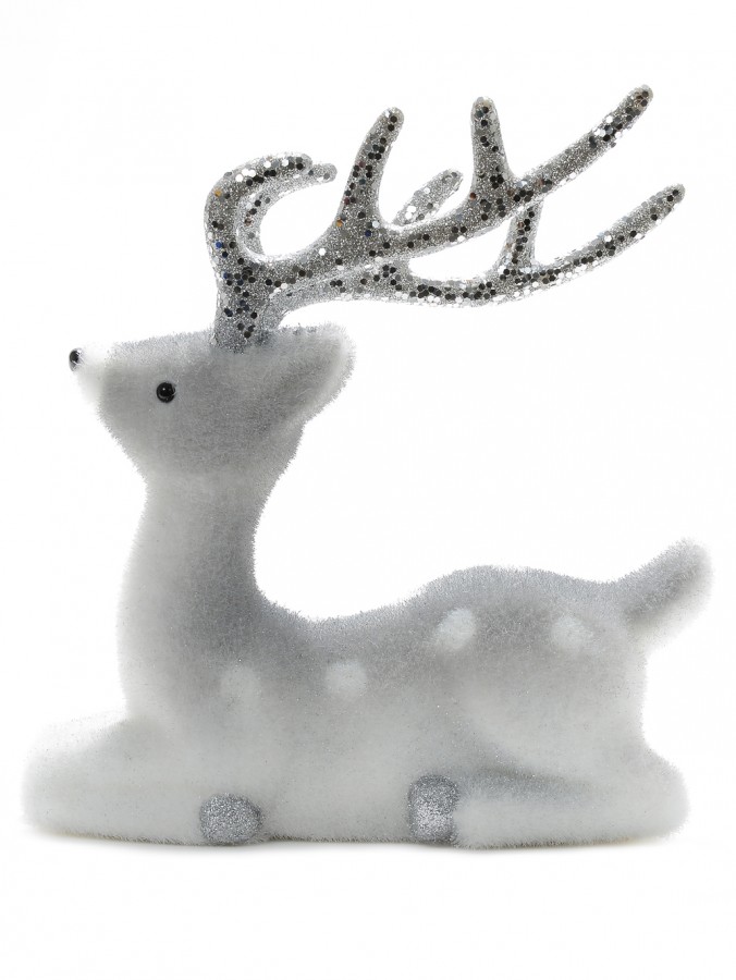 White & Silver Glittered Flocked Sitting Christmas Reindeer Ornament - 24cm