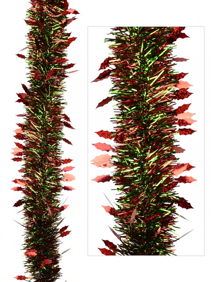Green & Red Fine Needle Tinsel With Holly Leaves - 2m