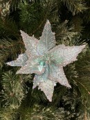 22cm Luxe Blue Glitter Poinsettia Flower Christmas Tree Clip Pick
