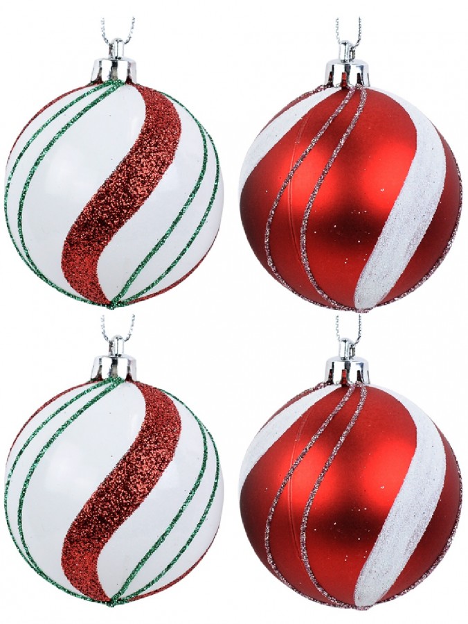 Red & White Candy Swirl Baubles With Green & Silver Glitter Lines - 6 x 60mm