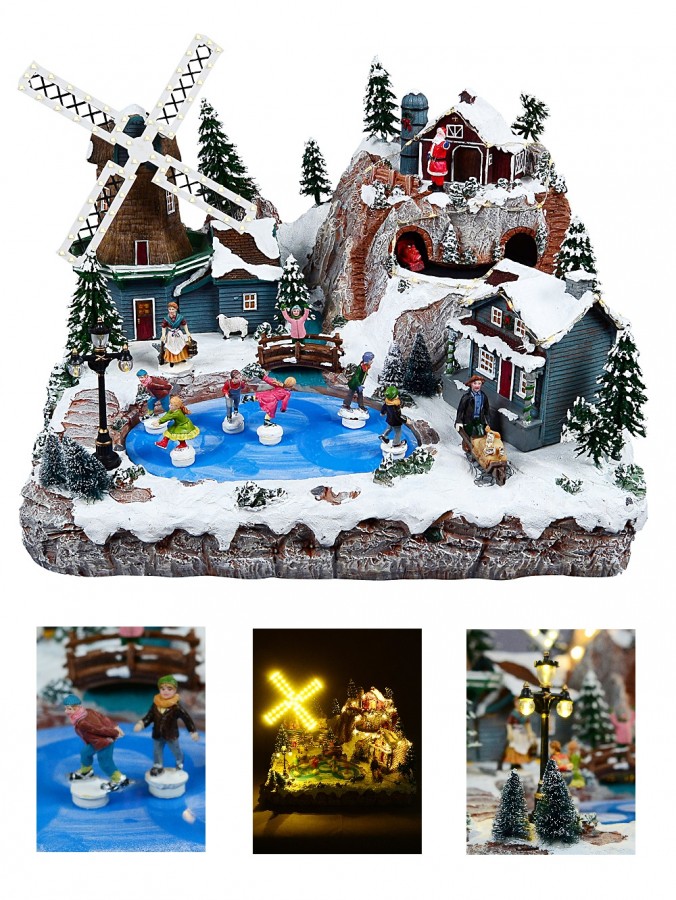Pond Ice Skating, Windmill & Mountain With Train Christmas Village Scene - 48cm