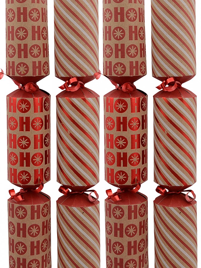 Red & Brown Stripe & Ho Ho Ho Kraft Christmas Cracker Bon Bons - 8 x 30cm