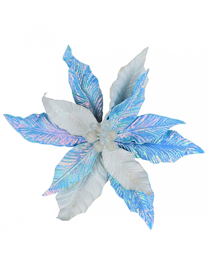 Iridescent Turquoise & Ivory Poinsettia Christmas Flower Clip Pick - 30cm Wide