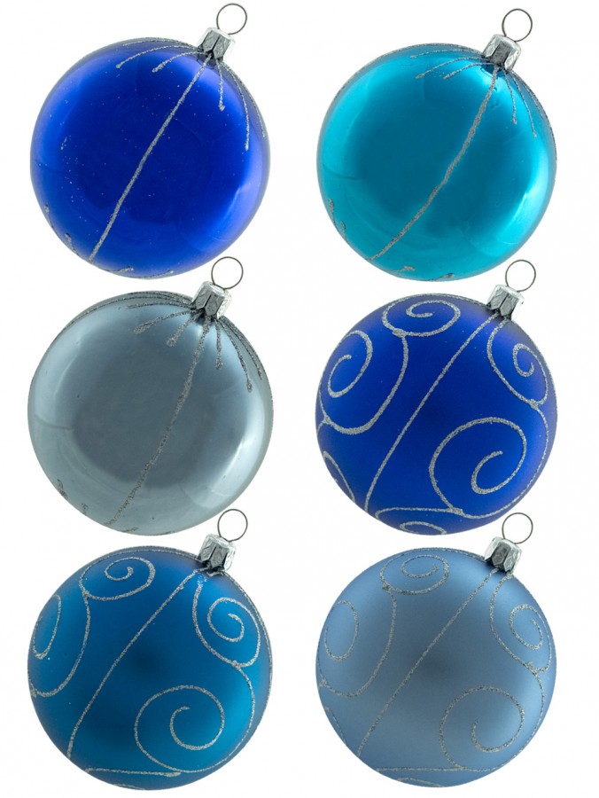 Assorted Blue With Silver Glittered Patterns Baubles - 6 x 80mm