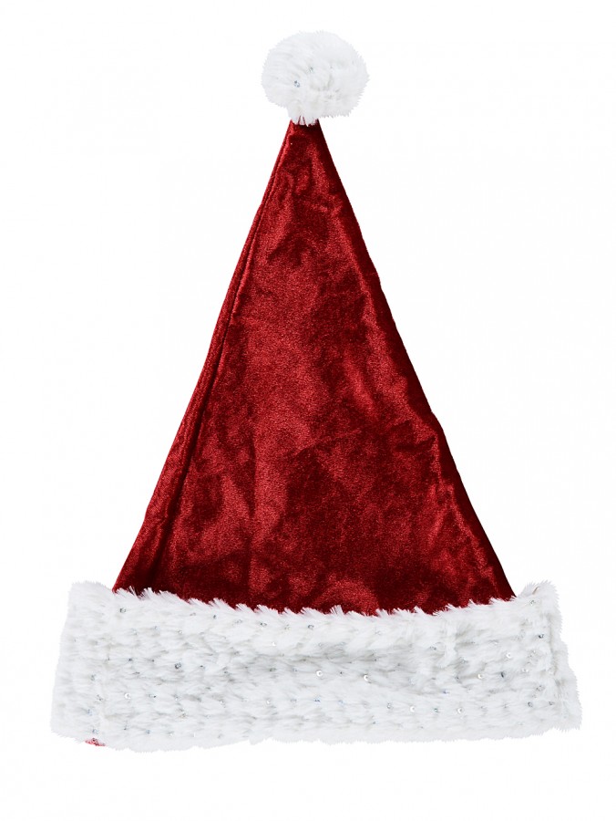 Red Velvet Traditional Christmas Santa Hat With Sequins - One Size Fits Most