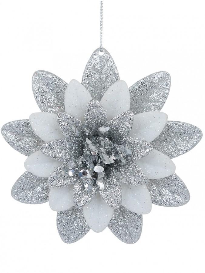 Silver & White Glittered Lotus Flower Christmas Tree Hanging Decoration - 11cm