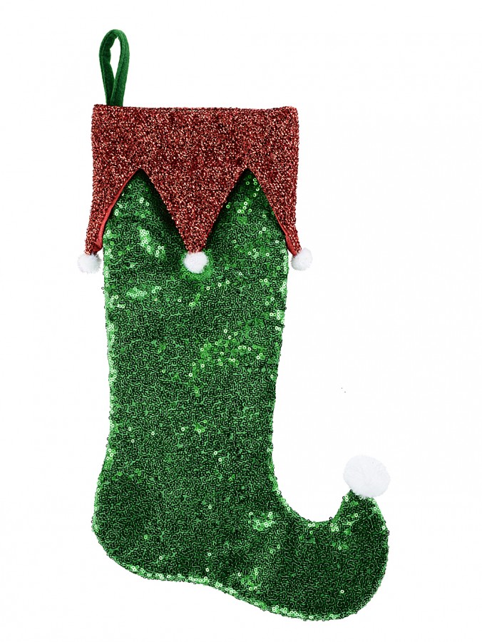 Green Sequin Jester Christmas Stocking With Red Cuff & White Poms - 43cm