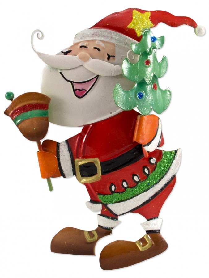 Tin Santa Holding Tree & Bell Hanging Ornament - 12cm