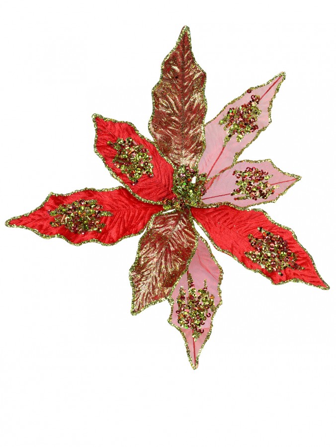 Three Style Red With Green Trim Poinsettia Christmas Floral Pick - 18cm
