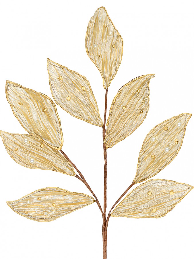 Champagne Sheer Organza Leaf Spray Stem With Pearl Embellishments | 74cm