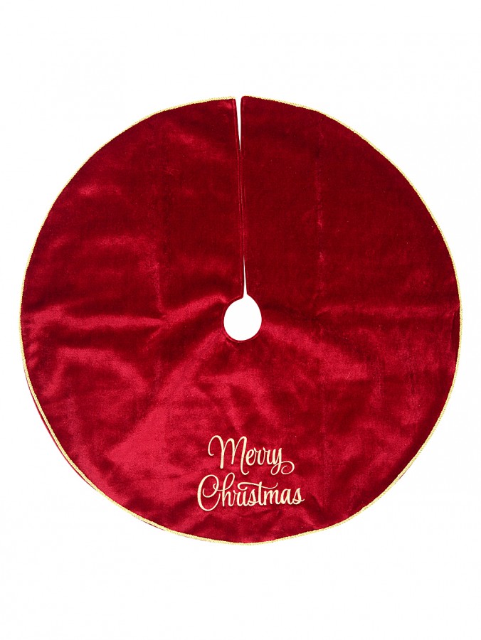 1m Deep Red Velvet & Gold Merry Christmas Embroidered Tree Skirt