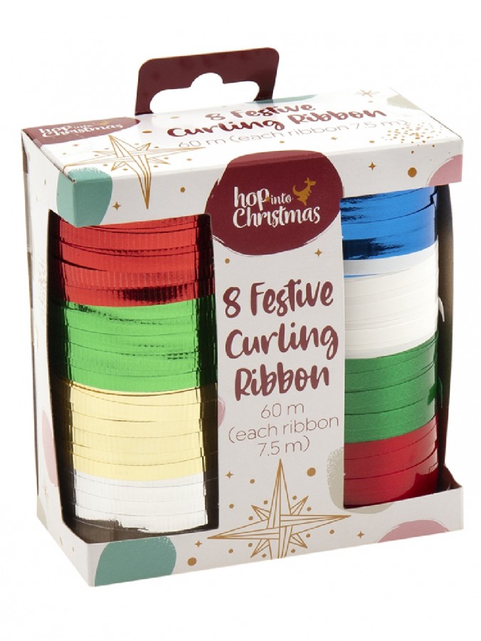 8x 7.5m Metallic & Gloss Assorted Colours Christmas Curling Ribbon